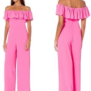 Betsey Johnson Hot Pink Cold Shouldered Ruffle Jumpsuit Size 10 NWT